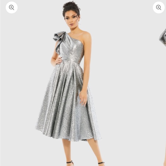 Mac Duggal Silver One Shoulder Bow Midi Dress Size 8 NWT - Picture 1 of 12